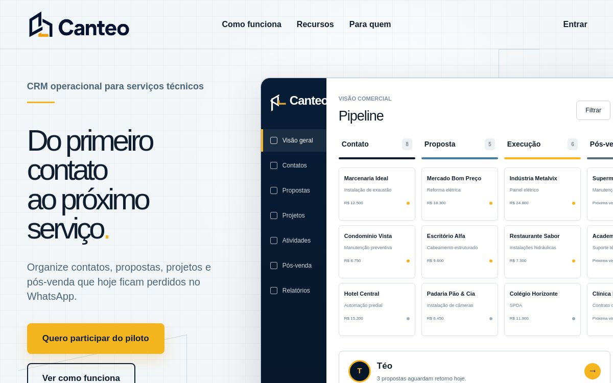 Página de apresentação do Canteo, CRM operacional para serviços técnicos